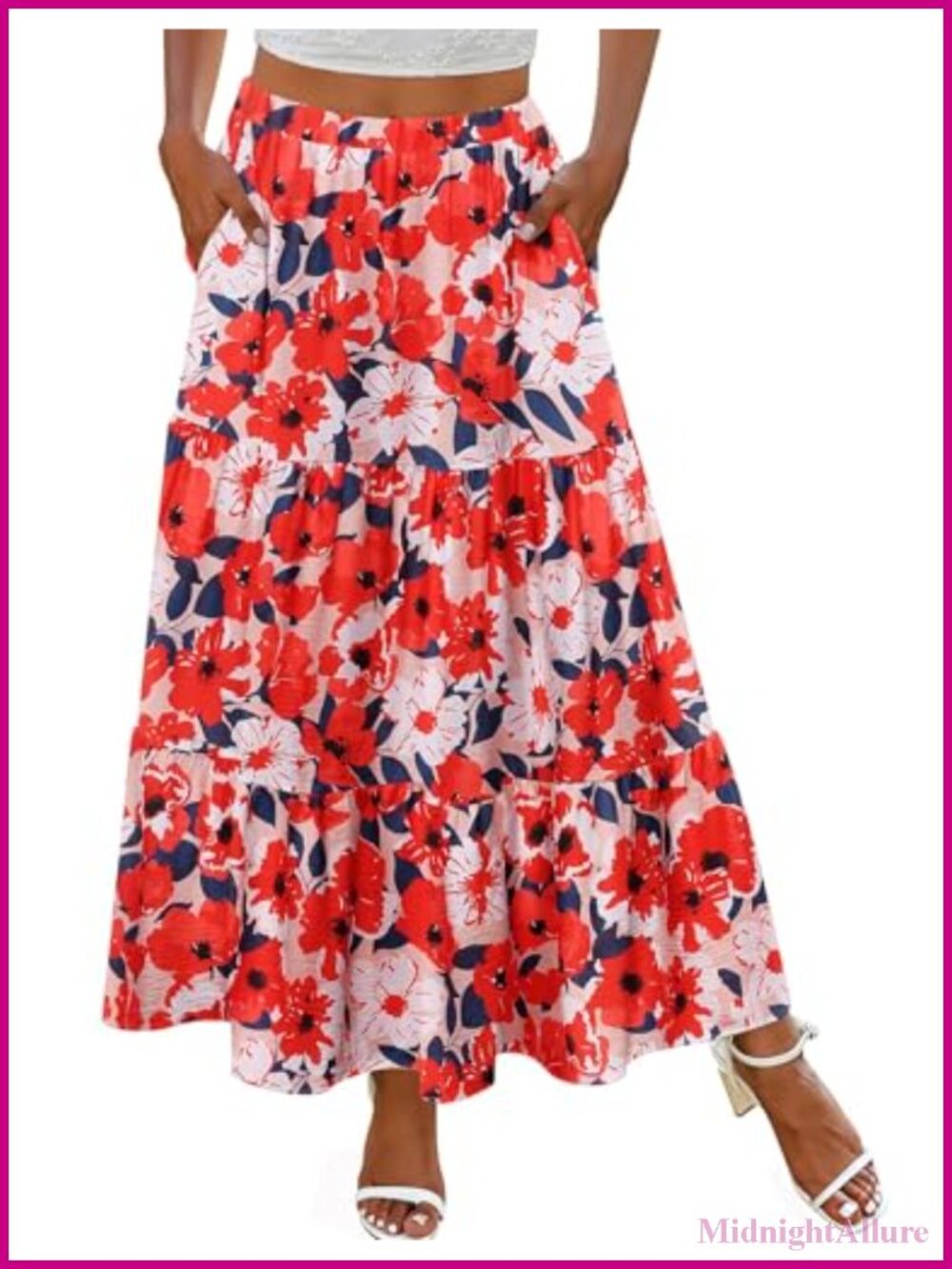Boho Floral Maxi Skirt with Pockets High Waist Flowy Tiered A-Line